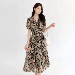 ~XXL까지 코미 프릴 와이드 플랫카라 플로럴 쉬폰 원피스 여름 리조트룩 휴양지 나들이 데이트 빅사이즈132