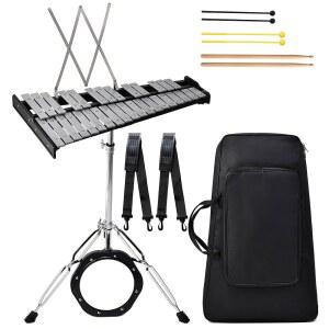 32 NOTES GLOCKENSPIEL 실로폰 타악기 키트, 망치 20.3CM(8인치) 비브라폰 및 스탠드, 가능한 연습 드럼 악기 가방, 패드, 조절 세트 접이식 전문