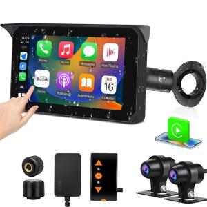 VSYSTO 무선 Carplay 오토바이 대시 카메라, 5인치 터치스크린, GPS 네비게이션, Wi-Fi 1080P SONYIMX307 전면 및 후면 카메라, 주차 모니터링, 타이어 압력 센서, 온도 디스플레이(CS5 Pro)