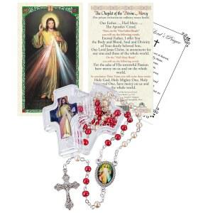 TRENDZEEN DIVINE MERCY CHAPLET 가톨릭 아이템 기도 케이스 센터피스가 카드 비즈 묵주 신성한 자비 십자가 있는 카드 4개 그리스도 빨간색과 세트 예수 주님의 흰색