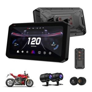 Mogico T7 울트라 오토바이 GPS 네비게이터 무선 CarPlay 안드로이드 자동 사각지대 감지 스마트 라이딩 시스템, 타이어 압력 센서, 6.2인치 터치 스크린, 2K 대시 카메라, 오토바이 미러 링크, IP67