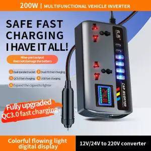 12V/24V 220V 자동차 변환기 9 포트 고속 충전 자동차 충전기 인버터 3 USB OC3.0 PD 2TYPE-C 포트 전원 어