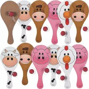 펀 익스프레스 클래식 우드 팜 애니멀 2팩 9인치 줄이 달린 공 올드 패션 파티 실내 게임 위의 레트로 패들