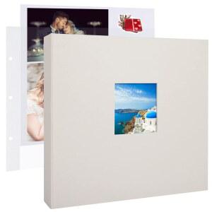 1DOT2 30.5 x 30.5cm(12 x 12인치) 대형 3링 DIY 스크랩북 사진 앨범 저널, 플라스틱 슬리브 30개, 60페이지 및 패브릭 커버 여행 웨딩 커플 기념일 모험용 (베이지 커버 /화이트 페이지)