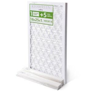 재사용 가능한 공기 필터 키트 MERV 8 AC 및 용광로 시스템과 호환 세척 ABS 플라스틱 프레임 1개와 교체 매체 5개. (16X25X1IN)