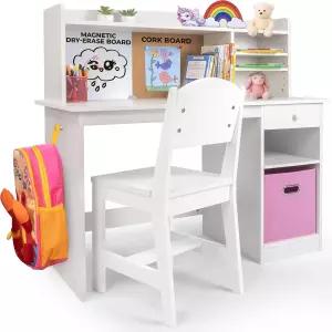 HappyHomePicks 나무 책상 및 의자 세트 허치 수납 공간 포함 52세 소년용 단단한 공부 테이블 코르크 보드