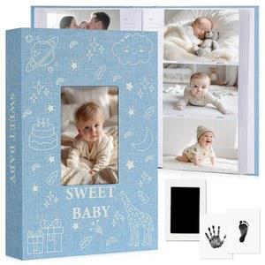EARLY MINDS 사진 앨범 10.2 x 15.2cm(4 x 6인치) 300 포켓, 메모 영역 및 손 및 풋프린트 키트, 리넨 커버 슬립온 메모리 북, 전면 창, 신생아 남아 여아를 위한 중성 기념품, 첫 해 순간
