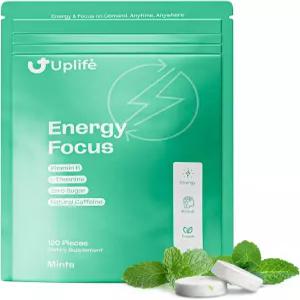 UPLIFE 포커스 및 에너지 민트 20개 미국산 80mg L테아닌 B2 무설탕 함유된 속효성 천연 카페인 껌으로