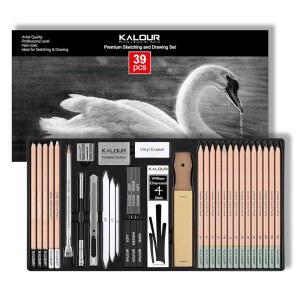 KALOUR PDAS 39피스 드로잉 연필 세트, 전문 스케치 연필 (5H-14B), 스케치용 흑백 연필, 지우개 브러시 펜, 차콜 스틱, 아티스트 및 초보자를 위한 아트 연필 세트