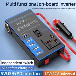 휴대용 범용 자동차 인버터 DC 12V/24V에서 AC 220V 고출력 자동차 변환기 소켓 4 USB/PD 1500W 전원 어댑