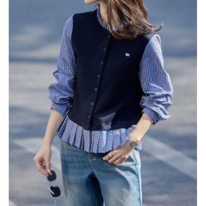 청수정 여성 지성 덧장 가짜 맨투맨 봄가을 뉴 체크 라운드넥 카디건 톱 KS