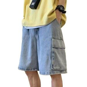 EMMIOL Baggy 남성용 청바지 반바지 y2k Jorts 카고 찢어진 신축성 있는 허리 데님 루즈핏 빈티지 스트리트웨어 여름 라이트 블루 XS