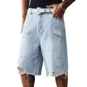 Vamtac Baggy Jorts 남성용 라인스톤 데님 반바지 Y2K 디스트레스드 쇼트 버뮤다 힙합 여름 캐주얼 블루