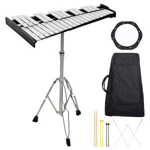 GLOCKENSPIEL 벨 키트 32 노트, 실로폰 가방 학교 연습 패드, 초보자, 클립, 조절 학생, 키트, 말렛, 시트 타악기 20.3CM(8인치) 스탠드, 휴대용 가능한 및 음악 드럼스틱 밴드용 드럼