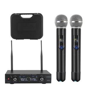 구데홀로 무선 마이크 시스템 케이스 메탈 UHF 듀얼 핸드헬드 20채널 전문가용 시스템 교회 DJ 노래방 결혼식 가정용 KTV 세트(파란색)