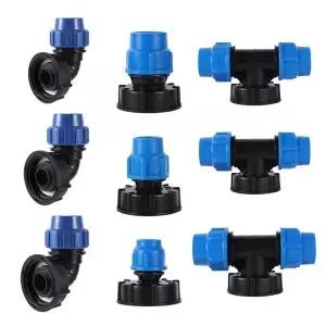 20/25/32mm PE 파이프 톤 버킷 리듀서 커넥터 S60 IBC 탱크 직결/엘보/티 어댑터 정원 관개용수 연결 1세트