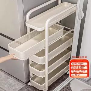 주방 냉장고 측면 틈새 수납장 다층 슬림 이동식 선반 정리 카트