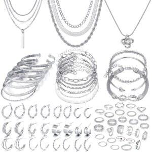 IFKM 36 PCS 은도금 주얼리 세트 목걸이 12 팔찌 이어 커프스 귀걸이 14 여성용 너클 반지 발렌타인 기념 생일 우정 선물