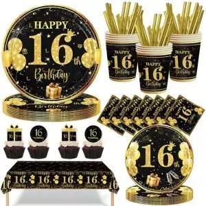 16번째 생일 장식 16세 파티 테이블웨어 접시 냅킨 블랙 골드 용품