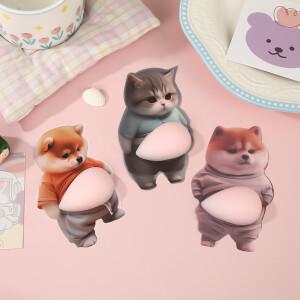 3D 시바견 배 스티커 -  핑크색 배경에 오렌지색 옷을 입은  강아지  실리콘 자가 접착식