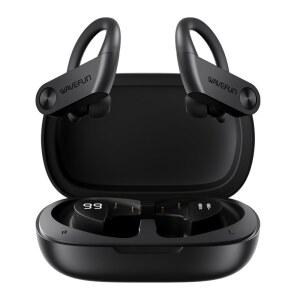 이어 훅이 장착된 웨이브펀 무선 헤드폰 2000MAH 충전 케이스 스포츠 운동 헤드셋 볼륨 버튼 슈퍼 베이스 방수 이어버드 10H 음악 마이크 포함 XBUDS