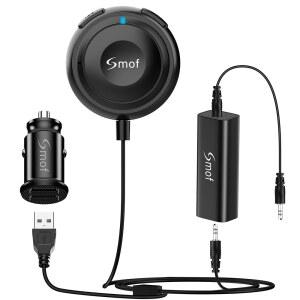 SMOF 블루투스 자동차 어댑터 듀얼 포트 USB 충전기 및 접지 루프 노이즈 솔레이터가 있는 자동차용 보조 3.5MM 포트가 무선 오디오 수신기 핸즈프리 통화 연결