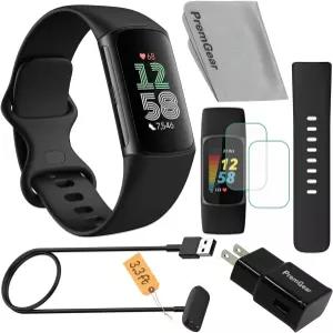 Fitbit 충전 6 피트니스 트래커 시계 블랙 번들 2개의 밴드 3.3피트 케이블 벽 어댑터 스크린 실드 및 천이