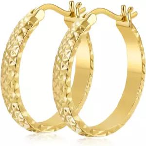 여성용 14K 옐로우 골드 후프 귀걸이 4.4mm*25mm 트렌디 다이아몬드 컷 텍스처 힌지 독특한 패싯 패턴