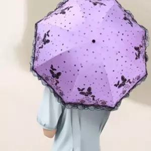 D 예쁜 여성 3단 나비 레이스 우산 휴대용 암막 양우산