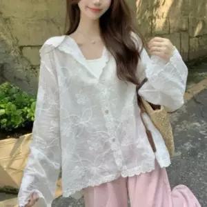 [하프클럽/]여성 여름 플라워 자수 시스루 긴팔 레이스 가디건