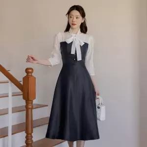 ~XXL까지 타이넥 쉬폰 배색 플레어 원피스 하객룩 오피스룩 모임룩 격식룩 빅사이즈1331913
