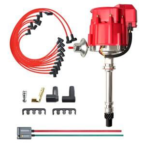 쉐보레 283 302 307 327 350 396 400 402 427 454 gm SBC 65k 코일 7500RPM C10 GMC V8용 MAS 레이싱 HEI 디스트리뷰터 & 스파크 플러그 와이어 및 무료 피그테일 하네스 콤보 키트 레드 캡 교체