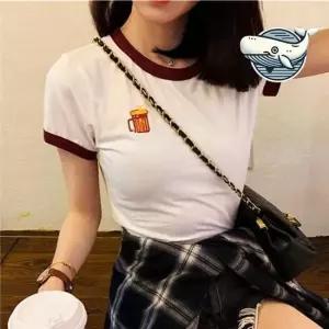 편안한 크롭 반팔티 귀여운 앞뒤 프린팅 캐주얼 앞뒤 프린팅 크롭 URD ONM 배색라인 슬림핏