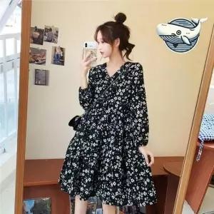 플라워 셔링 브이넥 원피스 편안한 여름 데일리 브이넥 셔링 원피스 롱원피스 루즈핏