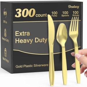 딜루시 300 카운트 엑스트라 헤비 듀티 골드 플라스틱 실버웨어 포크 100개 숟가락 나이프 BPA 프리 내열성 일회용 식기 세트 벌크