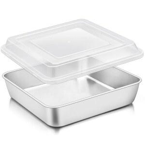 팀파 9 X 인치 사각 케이크 팬 브라우니 라자냐용 뚜껑이 있는 스테인리스 스틸 베이킹 무독성 및 헤비 듀티 원피스 & 스무스 식기세척기 안전 이지 클린 (팬 1개 + 뚜껑 1개)