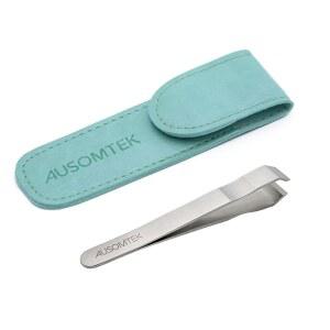 AUSOMTEK 수염 및 털 뽑기 핀셋 파인 눈썹 도구 스테인리스 스틸 10MM 팁 미끄럼 방지 슬롯 디자인 시안 PU 케이스