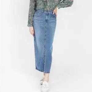 휴가룩 여성 데님 롱 스커트 청치마 앞트임 데일리 패션 웨어
