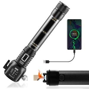 호크뱅 18-in-1 태양광/USB 충전식 자동차 비상 손전등 도구 - 자동 안전 해머 유리 차단기 안전벨트 커터 화염 없는 화재 시동기 SOS 알람 파워 뱅크 서바이벌 기어 운전자 선물
