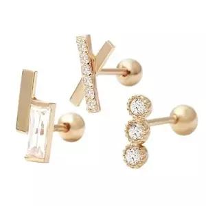 14K Gold 정품 큐빅 스틱 바 엑스 피어싱 택1