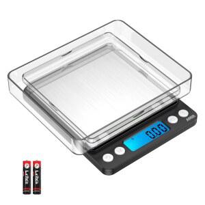AMIR 디지털 주방 저울 500G / 0.01G 미니 포켓 주얼리 백라이트 LCD 디스플레이가 있는 요리 음식 트레이 2개 6개 오토 오프 타레 PCS 기능 스테인리스 스틸 배터리 포함 블랙