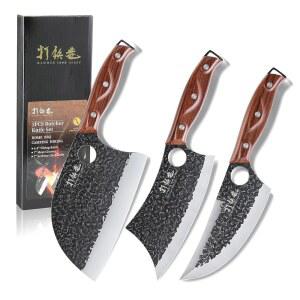 3PCS 정육 칼 세트 7인치 칼 세르비아 셰프 및 6.5인치 바이킹 플라스틱 손잡이가 있는 손으로 만든 주방 가정용 캠핑용 바비큐(독특한 핑거 홀 디자인)