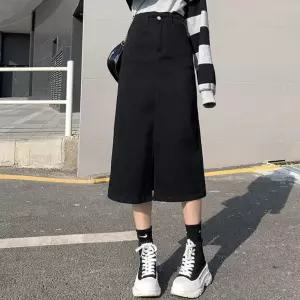 여성 앞트임 A라인 블랙 데님 날씬 핏 스커트롱스커트 치마 A스커트 청스커트
