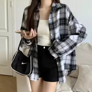 여성 캐주얼 베이직 오버핏 루즈 남방 긴팔 체크 셔츠여자 블라우스