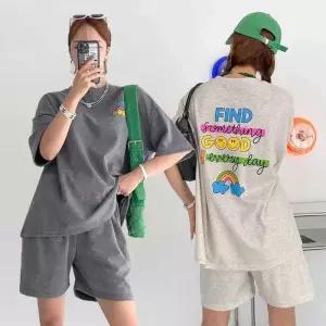 여성 봄 여름 면 반팔 롱 티셔츠 반바지 츄리닝 세트 PST0078S 빅사이즈 루즈핏