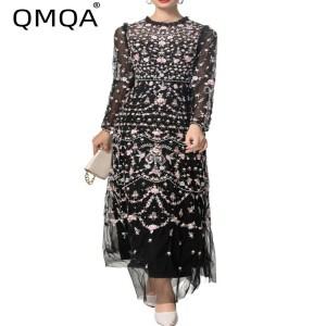 QMQA 여성용 이브닝 드레스, O넥 긴팔, 할로우 아웃 자수,  맥시 원피스, 2024 가을 의류, 1A223