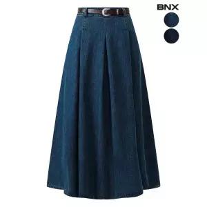 BNX 비엔엑스 벨트 핀턱 데님 롱스커트