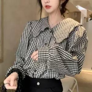 빅카라 체크 패턴 루즈핏 블라우스 여름 셔츠 남방 페미닌