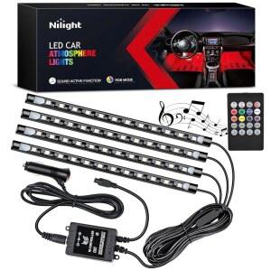 Nilight - TR-06 4PCS 48 LED 실내등 DC 12V 멀티컬러 뮤직카 스트립 라이트, 사운드 액티브 기능 및 무선 리모컨 포함 대시 조명 키트, 2년 보증