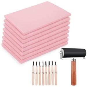 판화 제작을 위한 FVIEXE 8PCS 4x6 인치 리놀륨 조각 블록, 목재 조각 도구와 고무 브레이어 롤러가 포함된 고무 리노컷 블록 스탬프 제작 키트, DIY 공예를 위한 부드러운 스탬프 조각 키트